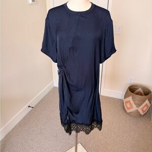 Navy Satin Dress with Lace Hem